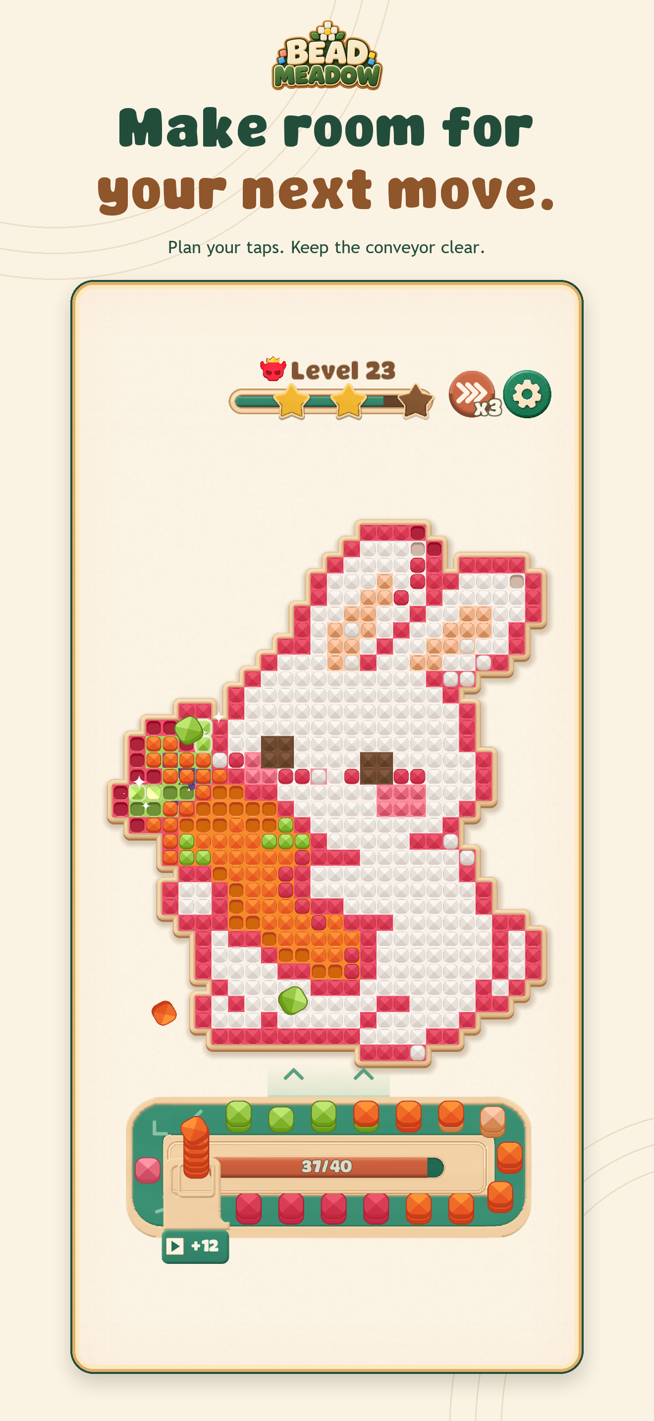 A rabbit puzzle with beads moving around a nearly full conveyor