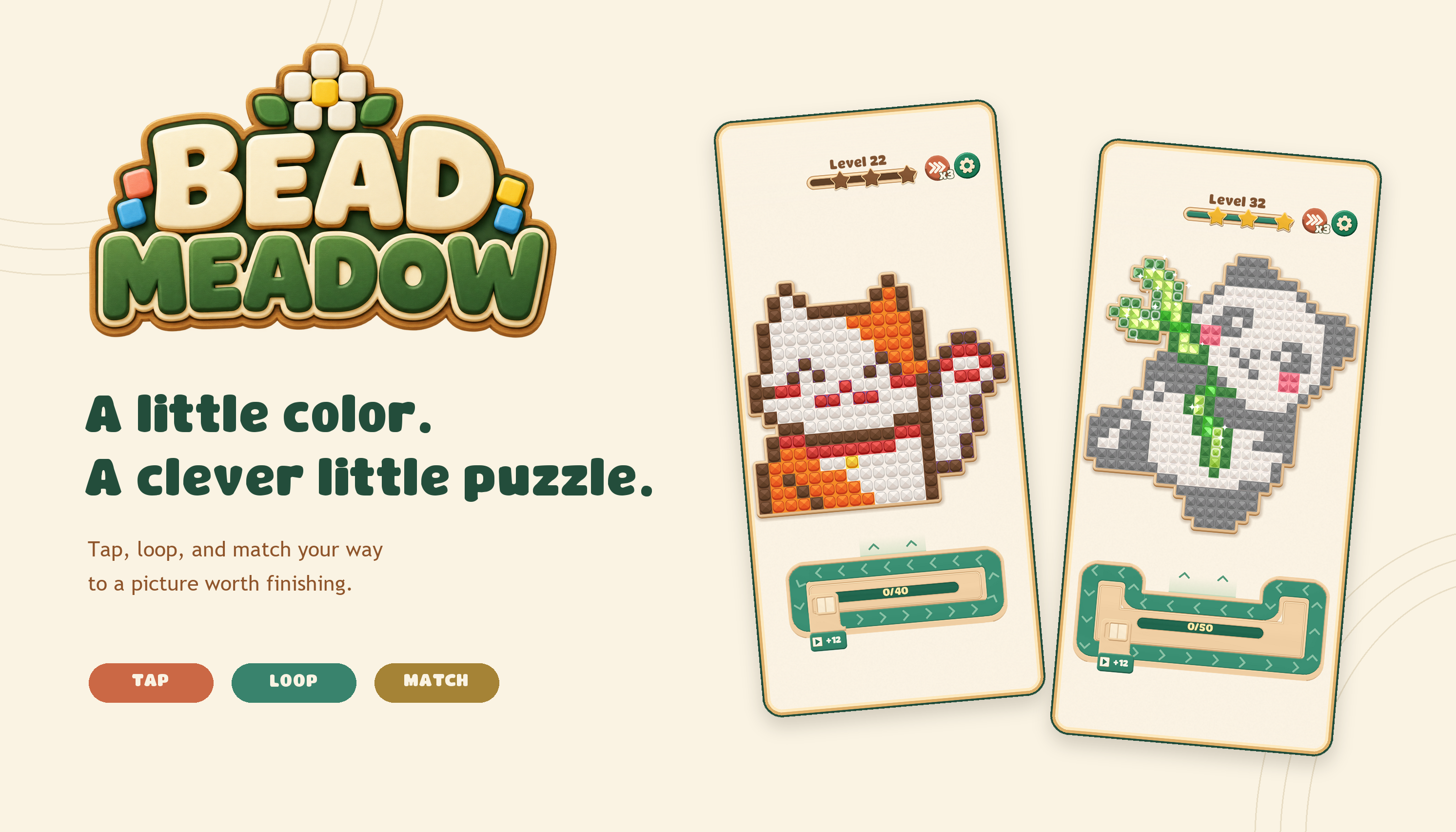 Bead Meadow. A little color. A clever little puzzle. Tap, loop, and match your way to a picture worth finishing.